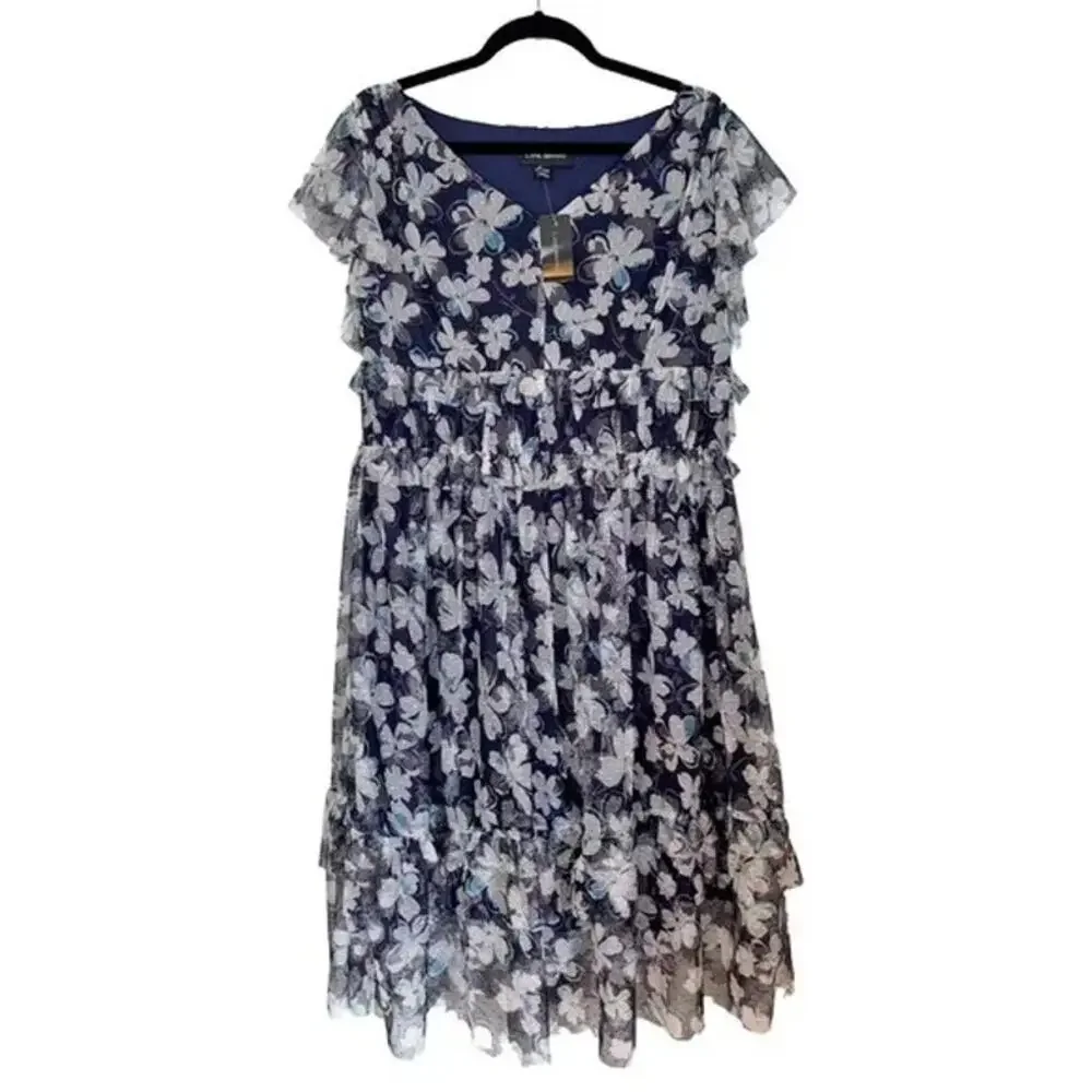 Lane Bryant Flowy Romantic Blue Floral Tulle Tiered Ruffle Dress 22/24 Midi - Picture 1 of 8